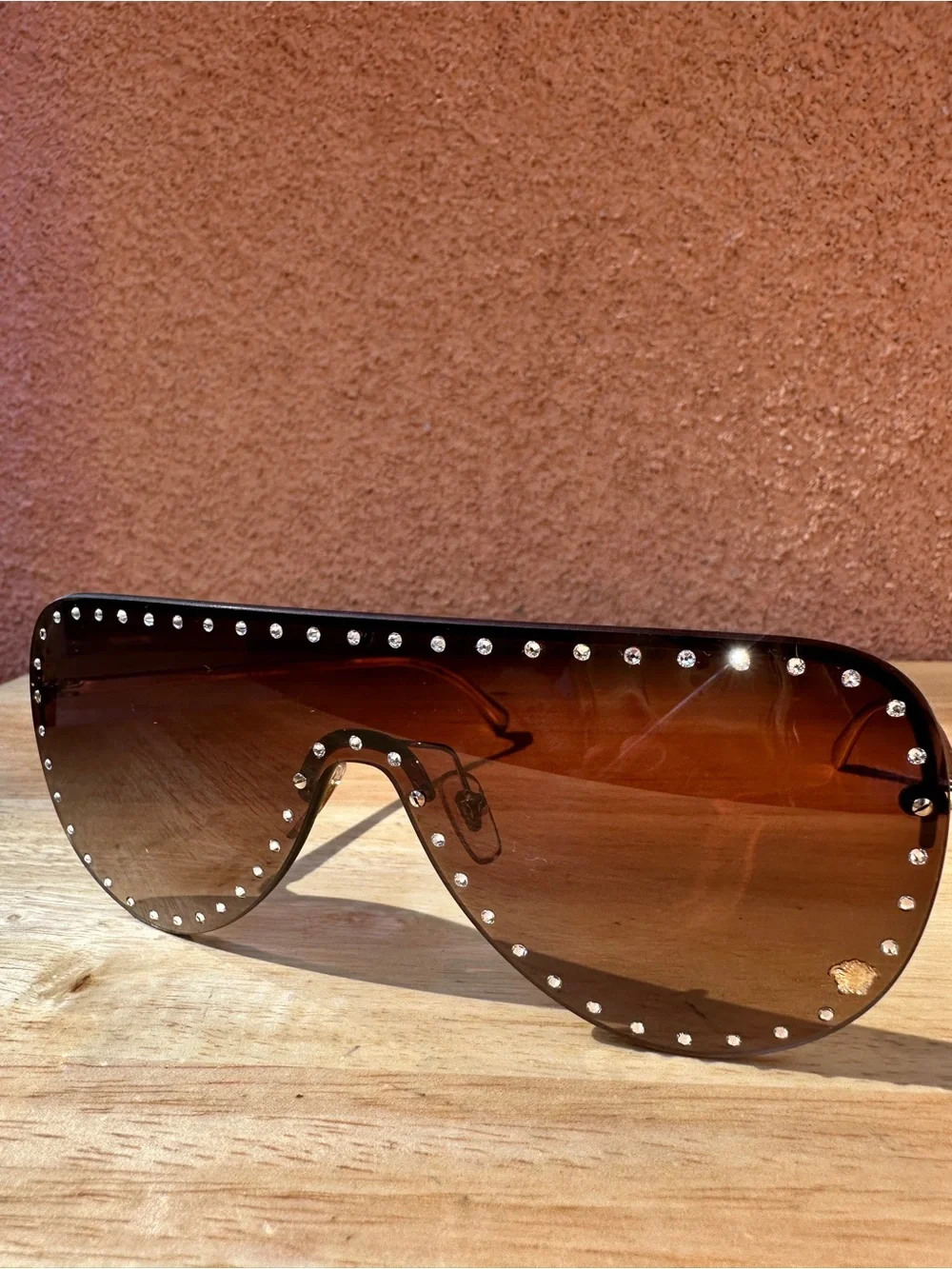 Versace Medusa Crystal Studded Shield Sunglasses Gold w/Brown Lens VE2230B